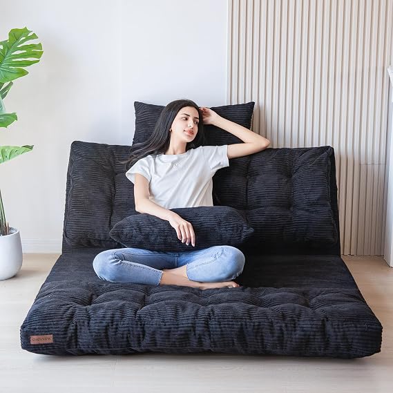 MAXYOYO Folding Sofa Bed, Tufted Bean Bag Bed with Pillows Floor Couch for Adults, Extra Thick and Long Floor Sofa, Twin Couch for Bedroom Living Room, Black, 39x91 Inch