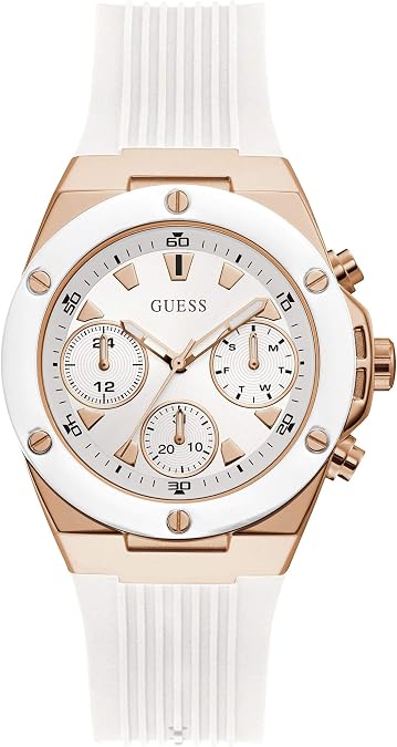 Guess Rose Gold-Tone + White Silicone Multifunction Watch, Rose Gold-Tone/White