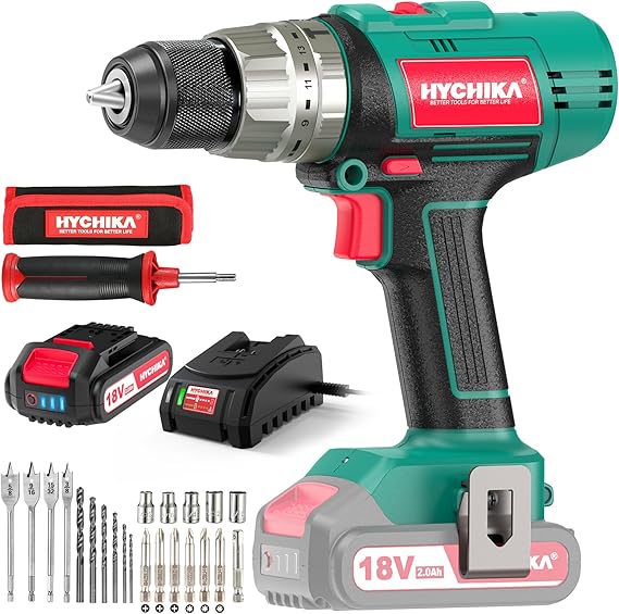Cordless Hammer Drill Driver 18V, HYCHIKA 400 In-lbs Torque Power Drill with Auxiliary Handle, 1/2 Metal Chuck, 2.0Ah Battery, 1H Fast Charger, 21+3 Clutch, LED Light for Drilling Wood Metal Wall