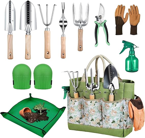 Gardening Tools 11 Pack Heavy Duty for Women with Gardening Knee Pads and Repotting Mat, Gardening Hand Tools with Floral Tote Bag, Durable Garden Supplies Kit, Ideal Gifts for Men Gardeners