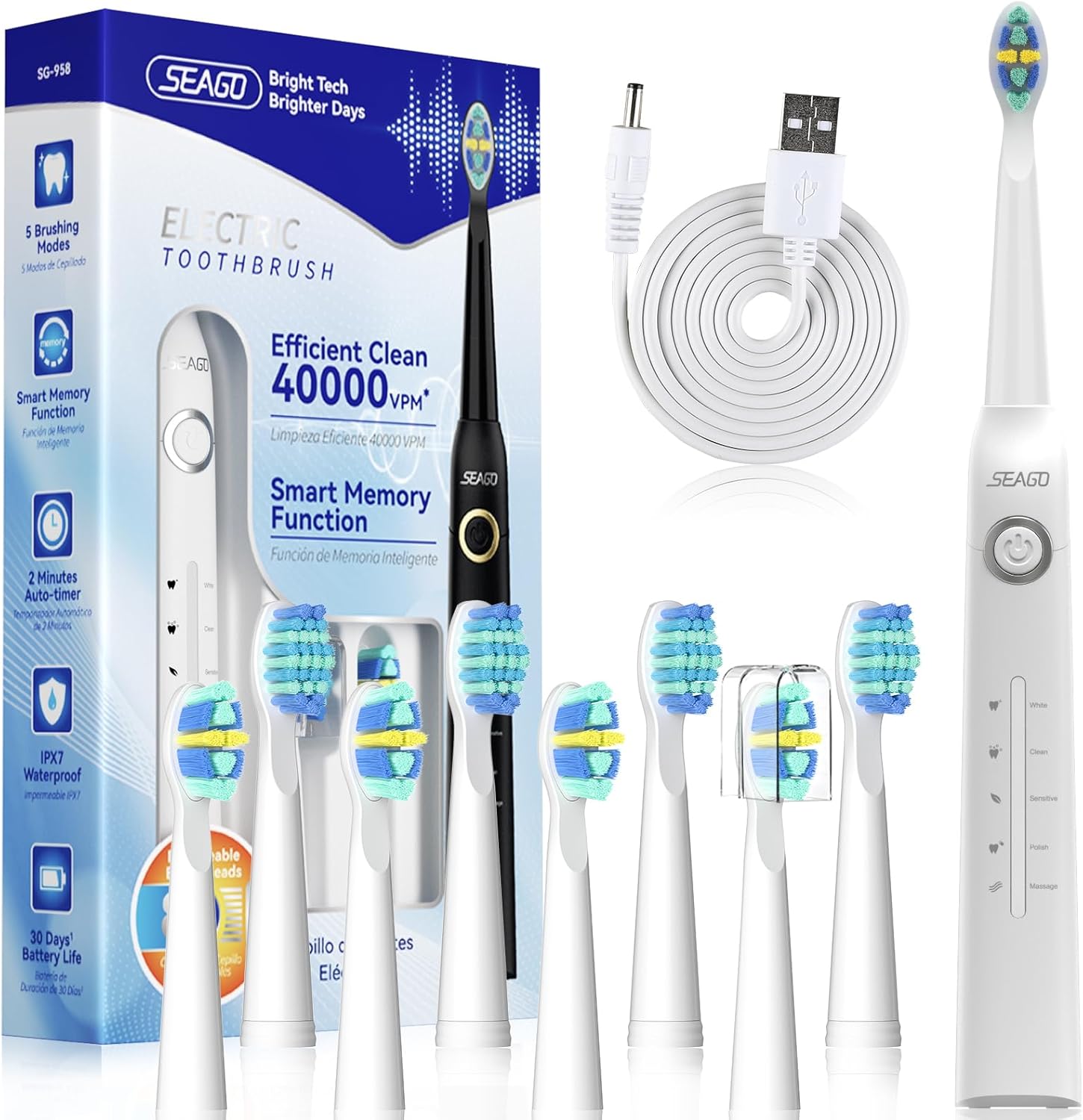 Seago Electric Toothbrush, Rechargeable Toothbrush for Adults Sensitive Teeth, 8 Brush Heads, 5 Modes with Teeth Whitening, Endurance 30 Days, Kids Electric Toothbrushes 6-12, SG-958(White)
