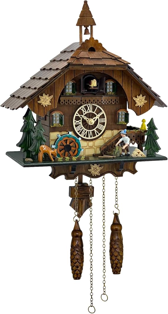 Cuckoo Clock, Wall Decor, Animated Scene, 12 Melodies, Volume Control, Night Mode, Handmade Retro Wooden Chalet, Black Forest Style, Traditional Rustic Home Decor