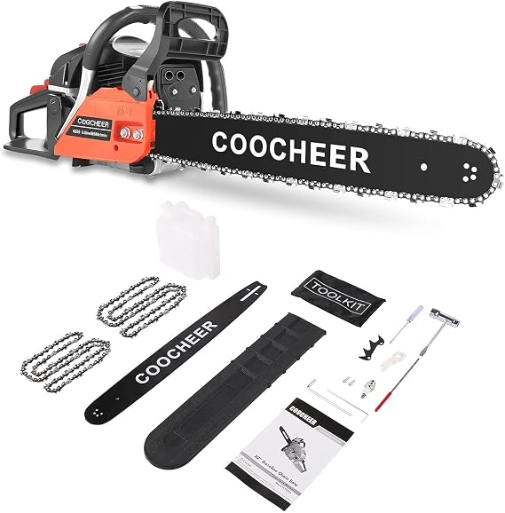 COOCHEER 62CC Gas Chainsaw, 20" 3.5 HP 2-Stroke Handheld Gasoline Chain Saw Gas with 2 Chains, Power Chain saw for Tree Stumps, Tree Felling, and Firewood Cutting(Red)