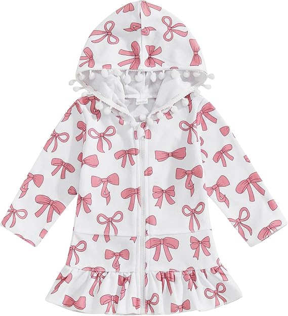 Girls Terry Cloth Swim Cover Up Zip Up Hooded Bathing Suit Coverup Wraps Rufled Kids Pool Beach Robe Cover-Up Dress