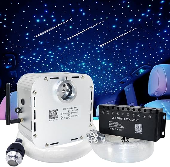 AMKI 32W Twinkle Mixed 800pcs 16.4ft Fiber Optic Starlight Headliner Kit with Shooting Star, Pure White Meteor Kits RGBW Sound Activated APP Remote Control for Car Home Roof Ceiling Decoration