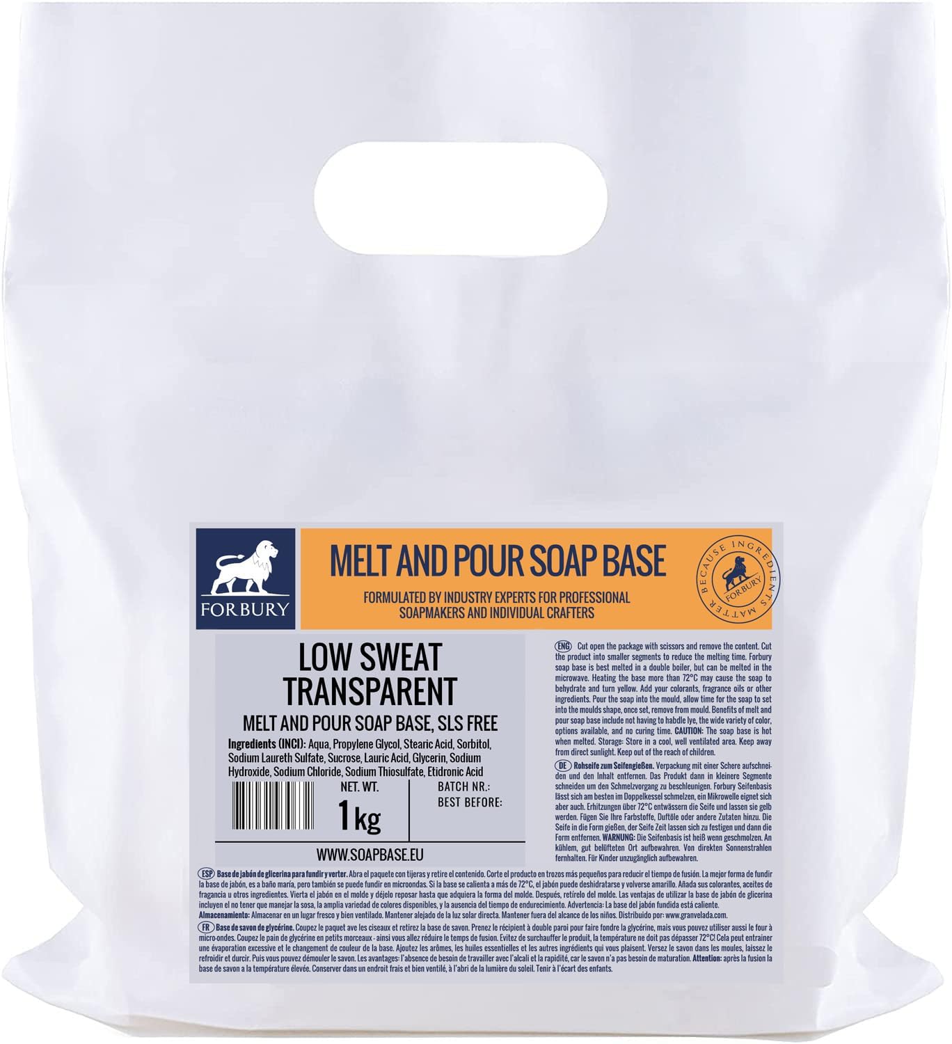 1kg "Low Sweat" Soap Base. Melt and Pour Clear Transparent Glycerine soap Base