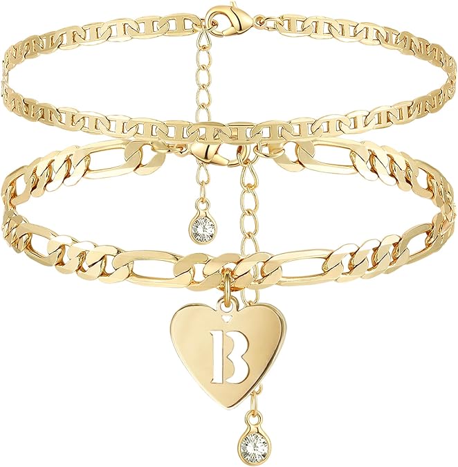 YANODA Initial Ankle Bracelets for Women, Layered Gold Anklets for Women 14k Real Gold Filled Figaro Letter Anklets for women waterproof Summer Jewelry Personalized Gifts for Women