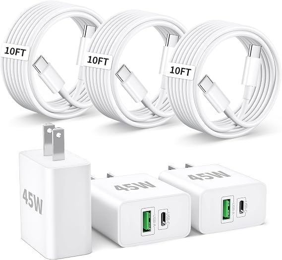 iPhone 17 16 Pro Max Charger Fast Charging, 3Pack 45W USB C Block and Cable | GaN Super Fast Charging Block, with 10FT Long USB C Cord, Dual Port Adapter, for iPhone 17/17e/17 Pro Max/Air/16/15/Plus,iPad