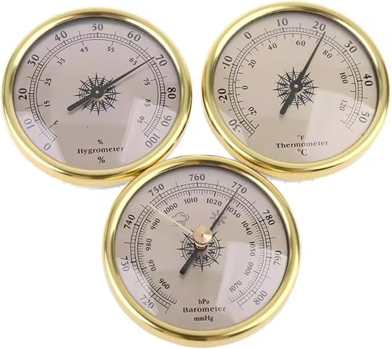 TDOQLYGR3 Barometer, Thermometer, Hygrometer 3-in-1 Analog Weather Station, Dial Type, Gold, 2.83 in, Retro Style, Vintage, Manual Power, Barometers, WEATHER STATION
