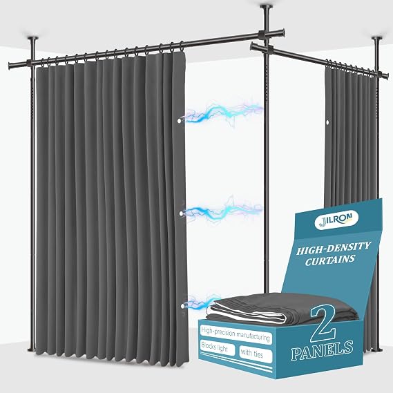 JILRON No-Drill Room Divider Curtains Set: Includes 106" W x 96" L Grey Curtain 2-Panel & Adjustable Pole Brackets (72-200" W x 43-120" H Adjustable Range)