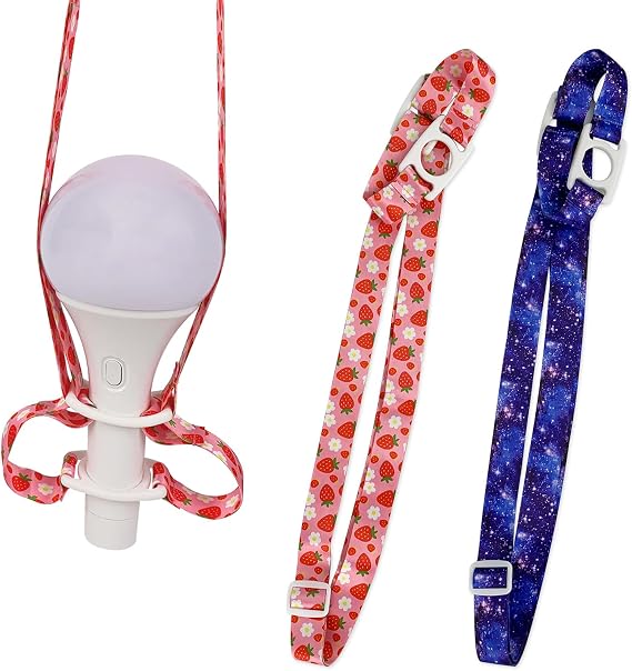 2 Pack Kpop Lightstick Adjustable Shoulder Strap Lanyard, Crossbody Light Stick Carrying Holder Neckstrap Accessories with 2 Rings for Concert (Starry Sky + Strawberry)
