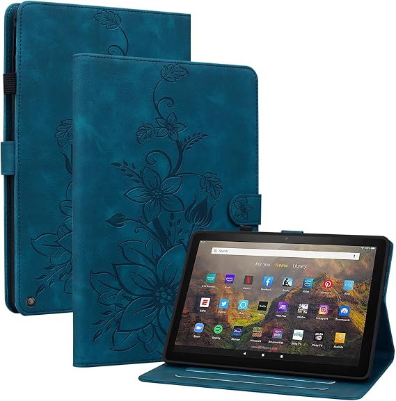 Case for All-New Amazon Fire HD 10 &10 Plus 11th Generation 2021 Release, Embossed Suede Leather Folio Stand Cover with Auto Wake/Sleep& Card Slots for HD 10.1 Tablet, Darkblue