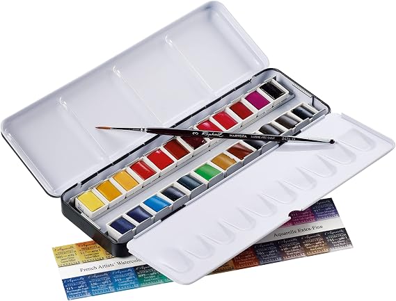 SENNELIER French Watercolor Painting Set, 24 Vibrant Colors in Half Pans, Metal Case and Palette