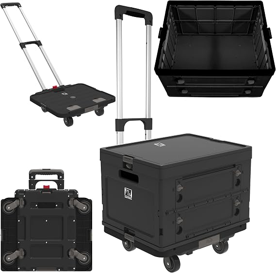 Wellmax WM99800BK Rolling Crate Cart with Wheels, Foldable Utility Cart for Teachers, Shopping, Office | Silent Wheels, Aluminum Handle, 132 lbs Capacity Black