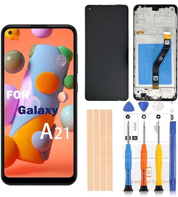 for Samsung Galaxy A21 Screen Replacement for Samsung A215U Screen Replacement 6.5 inch A215U1 A215A LCD Display Digitizer Touch Screen Assembly with Repair Part Tools (SM-A21 Sreen with Frame)