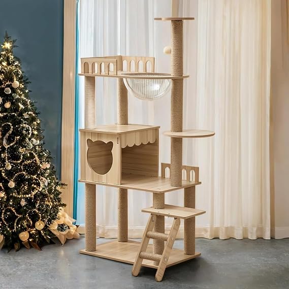 Mdpetpops 135CM Cat Tower,Multi-Level Pure Wood-Modern Tree Tower with Condo, Stairs, Bowl,9 Sisal Scratching Posts, Top Perch, Toy Balls,Cat Tree for Indoor Cats Large Adult（KT-022）
