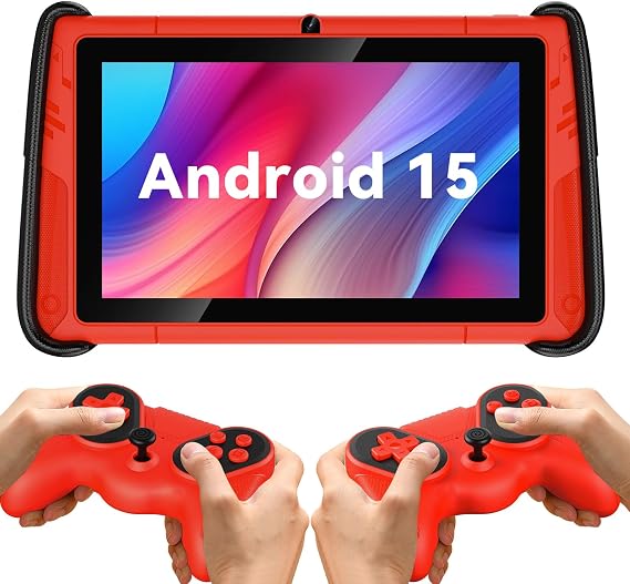 PRITOM 7 Inch Tablets, WiFi Tablets, 8GB RAM, Expandable 512GB, Tablet, Parental Control, Android 15, Sports Car Design, tablet PC with Two Gamepad(Red).