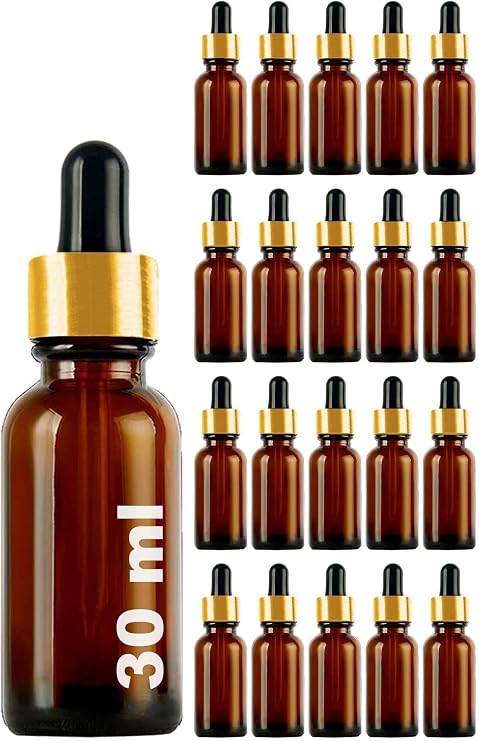 Afracam 30 ml Metal Kapaklı Damlalık Dropper Şişesi Serum 30 cc Cam Şişe 20 Adet (Siyah Lastik | Altın Kapak, Amber/Kahverengi)