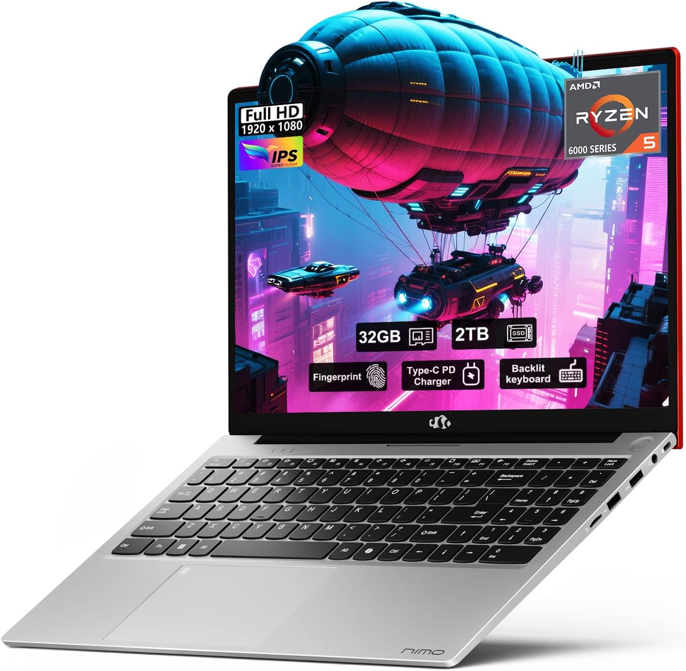 NIMO 15.6 FHD IPS Business-Laptop-Computer - AMD Ryzen 5 6600H, 32GB DDR5 RAM 2TB SSDBeat R7 5700U, 6 Cores Up to 4.5GHz, 100W Type-C, 6 Cores 660M GPU, Fingerprint, Backlit Keyboard, Win 11