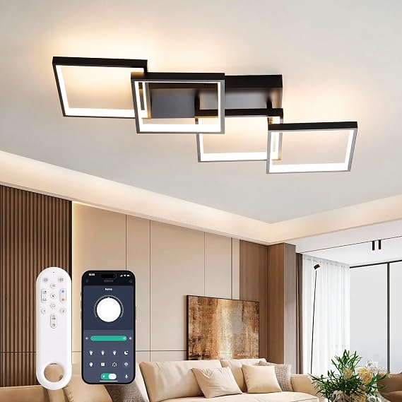 LED Deckenleuchte Dimmbar Wohnzimmer, 82cm/48W Modern Wohnzimmerlampe mit Fernbedienung/APP, Acryl-Deckenlampe Wohnzimmer mit Memory Funktion, Timerfunktion