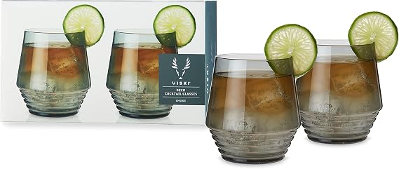 Viski Smoke Deco Glasses, Set of 2 Lowball Cocktail Tumblers, Liquor Glassware Set, 14 oz
