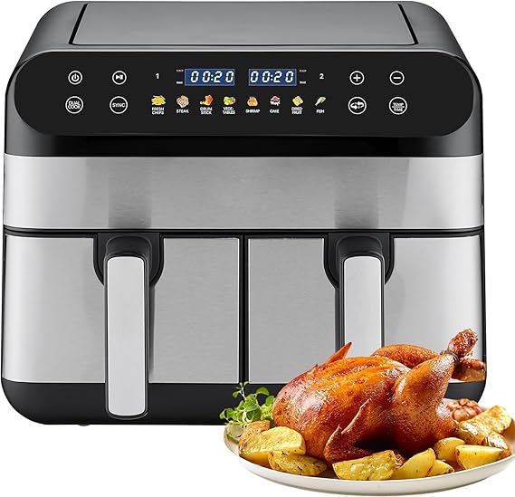 Double Air Fryer, 9.5QT With 2 Independent Baskets, Dual Zone Air Fryer, Family Size Healthy Oil-free Air Fryer Oven, with 10 Presets to Bake,Roast,Broil,Dehydrate & More for Quick,Easy Meals