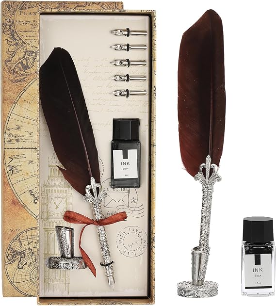 PATIKIL 26cm/11 Carved Feather Pen Set, Vintage Quill Pen with Ink Set 5 Replacement Nibs Stand Base for Calligraphy Writing Dip Pen Wedding Gifts, Brown