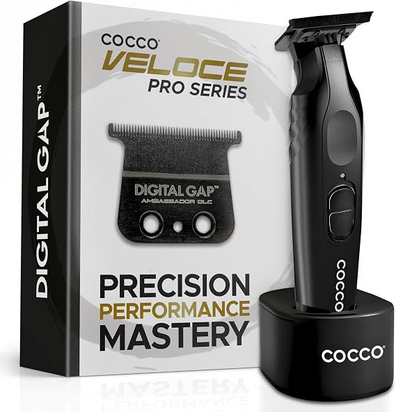 Cocco® Veloce Pro Trimmer Collection: Precision Trimmers for Professionals - Digital Gap™ Ambassador DLC Blade, High-Torque DC Motor, All-Metal, Cordless (Limited Edition in Matte Black)
