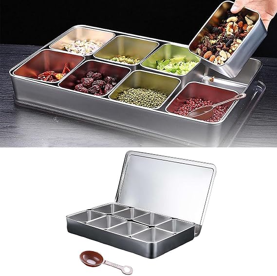 Stainless Steel 8 Slot Condiment Carrier with Lid and Spoon, Modern Style Condiment Dispenser Display Rack for Restaurant Kitchen Party