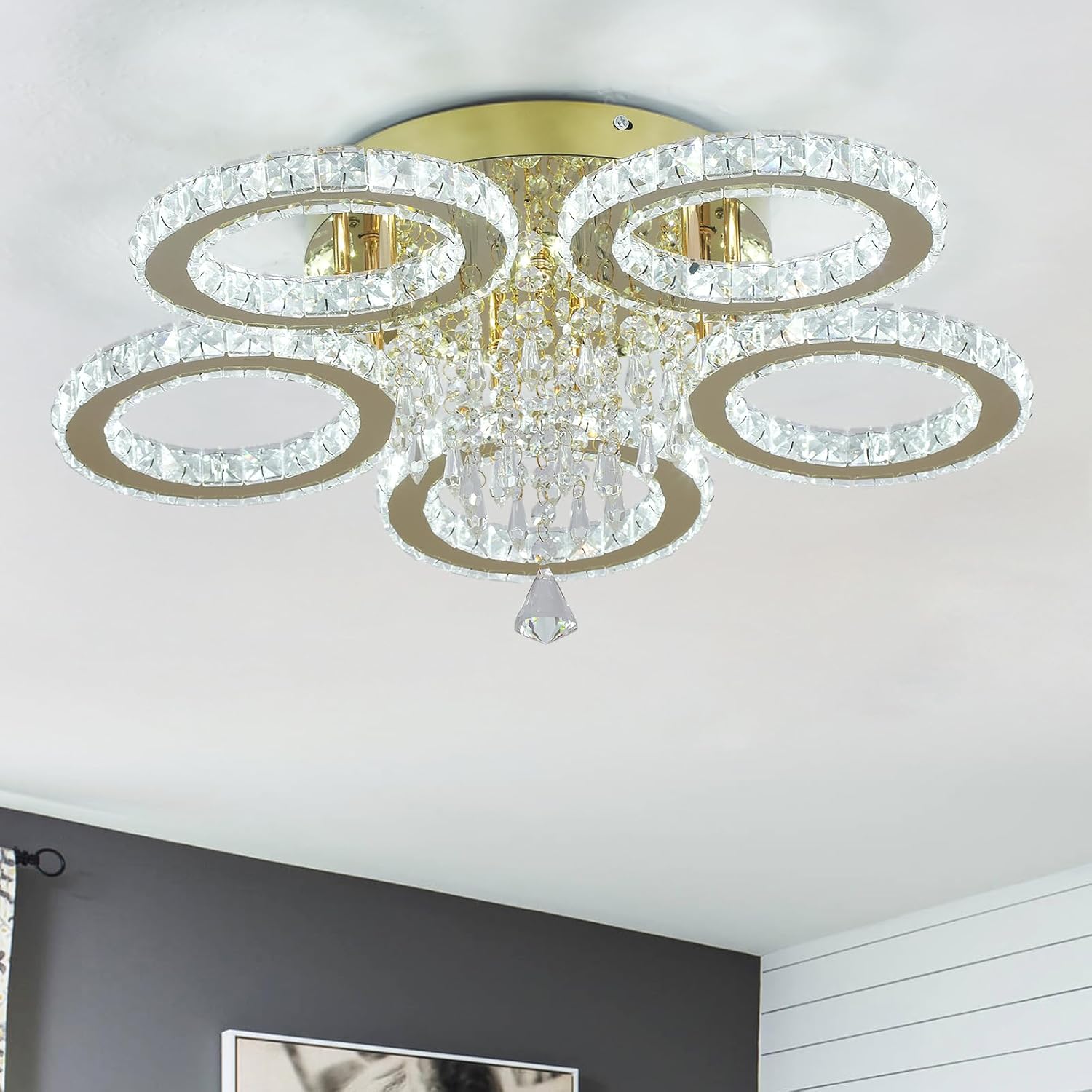 VETRULUS Modern Crystal LED Chandelier, 5-Ring Gold Flush Mount Ceiling Light Fixture for Bedroom, Dining Room, Living Room, Hallway – White Light