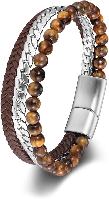 Zysta Mens Bracelet Beaded Leather Bracelets for Men 6mm Obsidian Tiger Eye Stone Cuban Chain Genuine Leather Layered Bracelets Braided Leather Wristband Stainless Steel Clasp Mens Jewelry