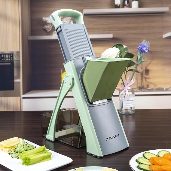 [All in 1] Upgraded Safe Mandoline Slicer for Kitchen, Veggie Slicer | 0.1-8mm Adjustable Thickness, Cut Slicing, Strips, Shredding, Dicing, Chop, Kitchen Veggie Chopper for Rapid Prep (Green)