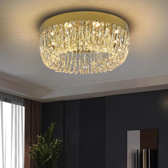 Deckrico Gold 50cm Crystal Chandelier Dining Room Close to Ceiling Light [Energy Class E]