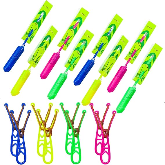 Slingshot Flying with LED Lights Glow The Dark Party,12 Launchers + 12 LED Helicopters,Slingshot Amazing Arrow Helicopter Glow Supplies for Kids (24 Pieces)