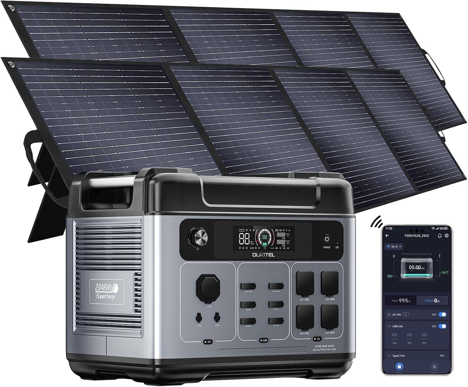 OUKITEL P2001 Plus 2400W Solar Generator with 2x200W Solar Panels, 2048Wh Solar power station with 4 AC Outlets 5000W Peak, 1.5H Full Charging, APP Control Battery Backup for Home, Camping & RVs