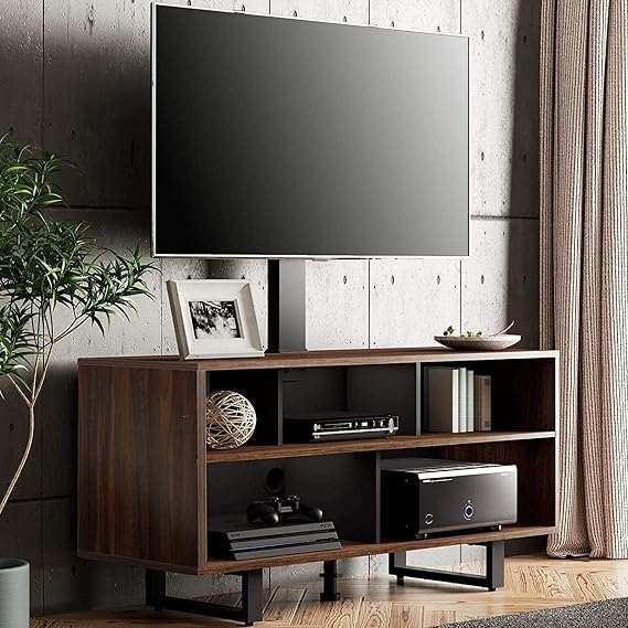 FITUEYES TV Stand with Wood Console for 32-70 Inch TVs up to 110 lb Walnut | Swivel Floor Entertainment Center with Height Adjustable, Modern Television Stands with Storage for Living Room, Bedroom