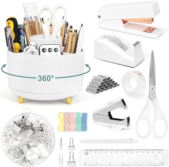 Cute Stationery Set, 12 in 1 Office Supplies & Desk Accessories for Women with Stapler & Staples Set, Pencil Holder, Tape Dispenser, Scissors, Clips, Ruler, Gift for Teachers, Students, Girls (White)