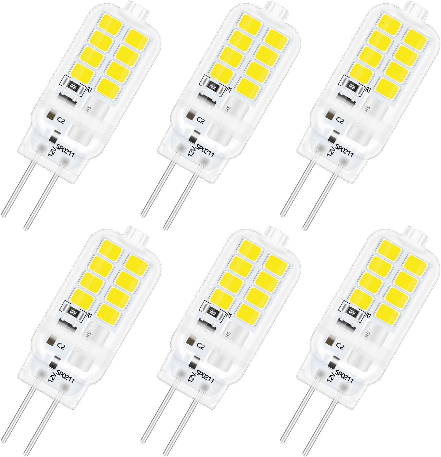 SCNNC G4 Bi Pin LED Bulb 3W 12V, 16xSMD 300LM Cool White 6000K, Not Dimmable, 2 5W Halogen Equivalent, LED G4 Capsule Bulb for Chandelier, Landscape Lighting, Bedroom, Pack of 6