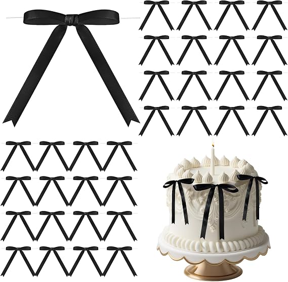Riceshoot 50 Pcs Twist Tie Bows for Cake 3x4.5 Inch Satin Ribbon Bows for Gift Wrapping Treat Bags Craft DIY Wedding Baby Shower Birthday Party Decorations(Black)