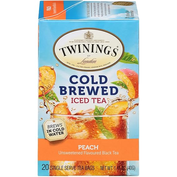 Twinings Cold Brewed Iced Tea Bags, Peach - Ready in 5 Minutes, Flavoured Black Tea Cold Brew Bags, Caffeinated, Unsweetened, 20 Count