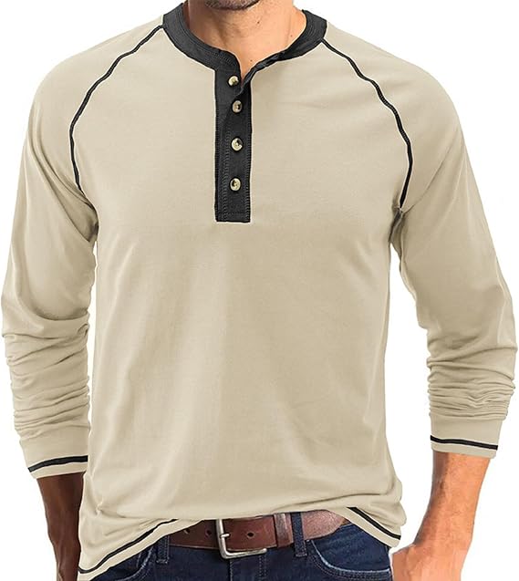 Mens Henley Shirts Long Sleeve Casual Button T-Shirts Cotton Basic Tee Shirts Slim Fit Raglan Sleeve Vintage T Shirts