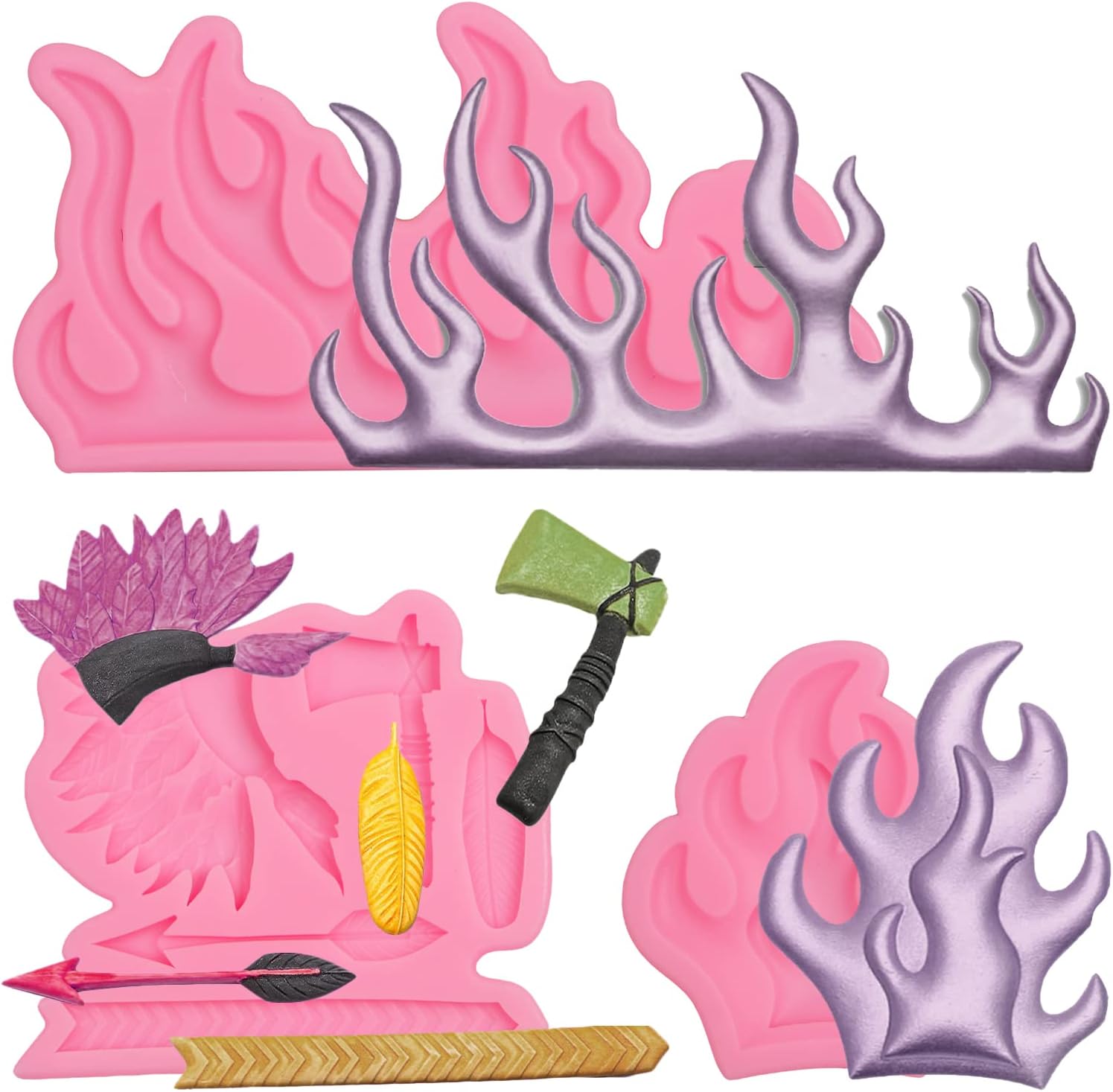 Flame Candy Molds, Set of 3, Silicone Fire Cake Decorating Molds, Axe Feather Arrow Indian Theme Chocolate Baking Tools for Cupcake Topper Cookie Fondant Clay Resin DIY Crafts