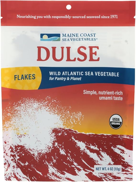 Maine Coast Sea Vegetables Organic Dulse Flakes | Seaweed Snacks | Rich in Iodine, Protein & Minerals | Harvested from North Atlantic | Great for Salads, Soup & Smoothies | 4 oz (Pack of 1)