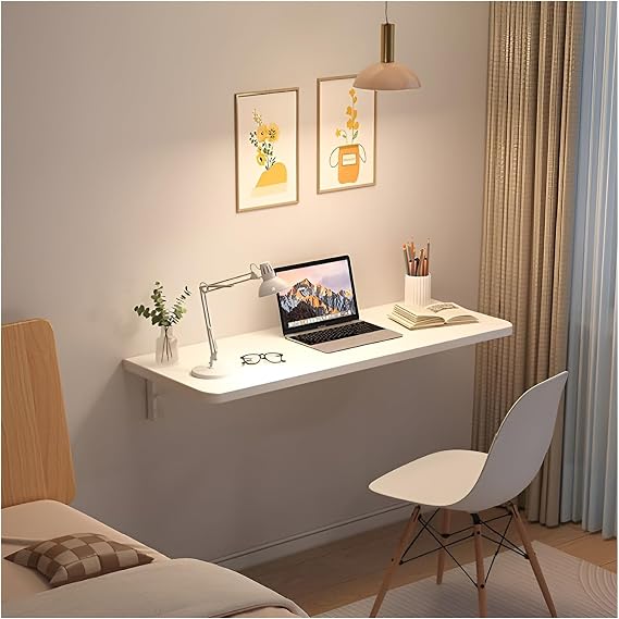 Wall Mounted Folding Table for Small Spaces White Wood Wall Desk for Home Office Laundry Room Garage Basement Kitchen Space Saving Foldable Wall Table (60 * 30cm)