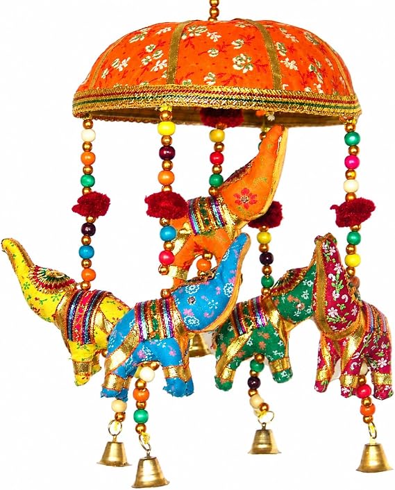 Indian Traditional Elephant Orange Umbrella Hanging Layer of Five Elephant Door roof Hanging, Decorative Ornament Festival Party decor (Height - 30 cm, Width - 15 cm)