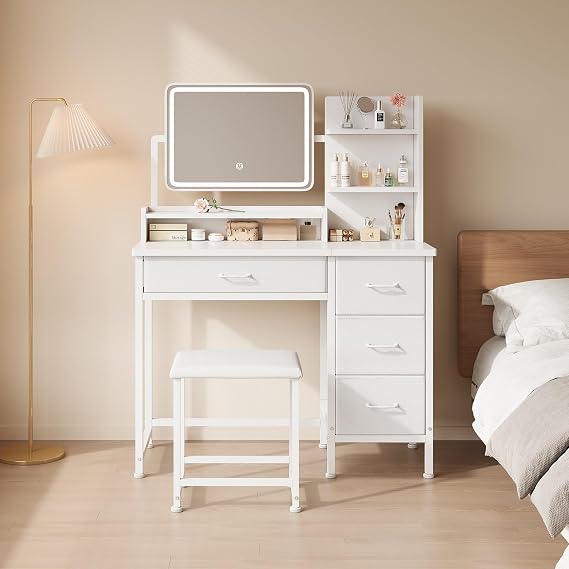 Dressing Table with Mirror and Lights Small Dressing Table with Fabric Storage Drawer & Chair & Shelves White Compact Makeup Cosmetic Set for Bedroom