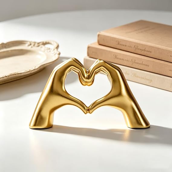 FANTESTICRYAN Small Heart Hands Statues, Gold Resin Home Decor Accent | Finger Love Sculpture, Cute Decorative Ornaments, For Living Room, Bedroom, Cabinets, Bookshelf, Wedding Desk Decor Gifts