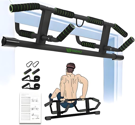 HAKENO Multi-Grip Pull Up Bar For Doorway - Pullupbar With Enhanced Smart Hook Angled Grip Home Gym Exercise Equipment with Professional Training Suspension Strap Set