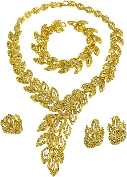 Fashion Gold Statement Necklace Costume Jewelry Set for Women Aesthetic Collar Crystal Necklaces Earring Bracelet Rings Greek Goddess Accessories Bridal Wedding Party Gifts