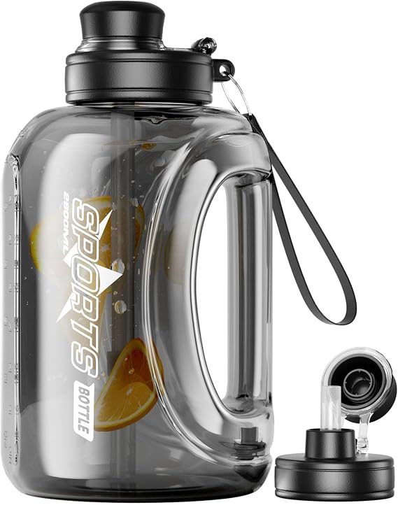 Gallon Water Bottle with Measurements and Straw, 95 fl oz / 2.8 L | Plastic gym water jug with dual oz and ml scale, direct spout, handle, detachable strap and dust-proof cap for outdoor use